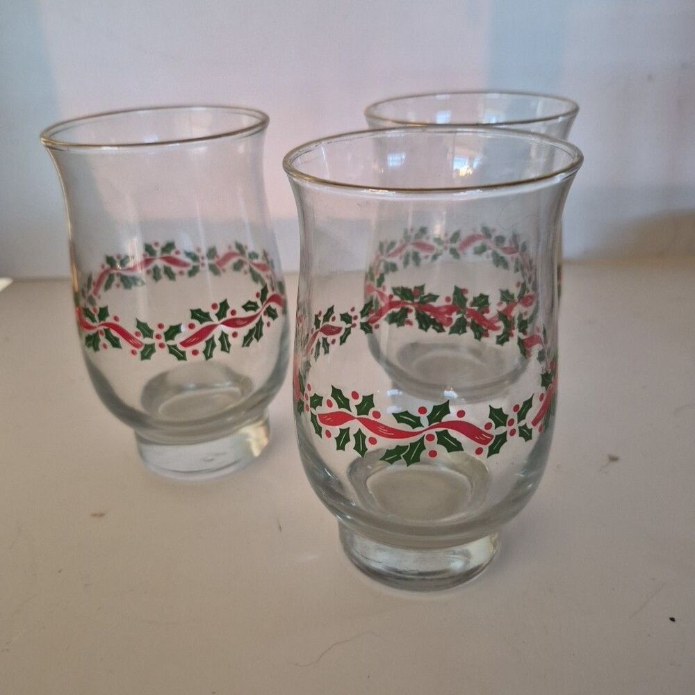 Christmas Holly Ribbon Flat Glass Tumblers Set of 3 LRS3 Libbey 5 1/4 " 14 oz